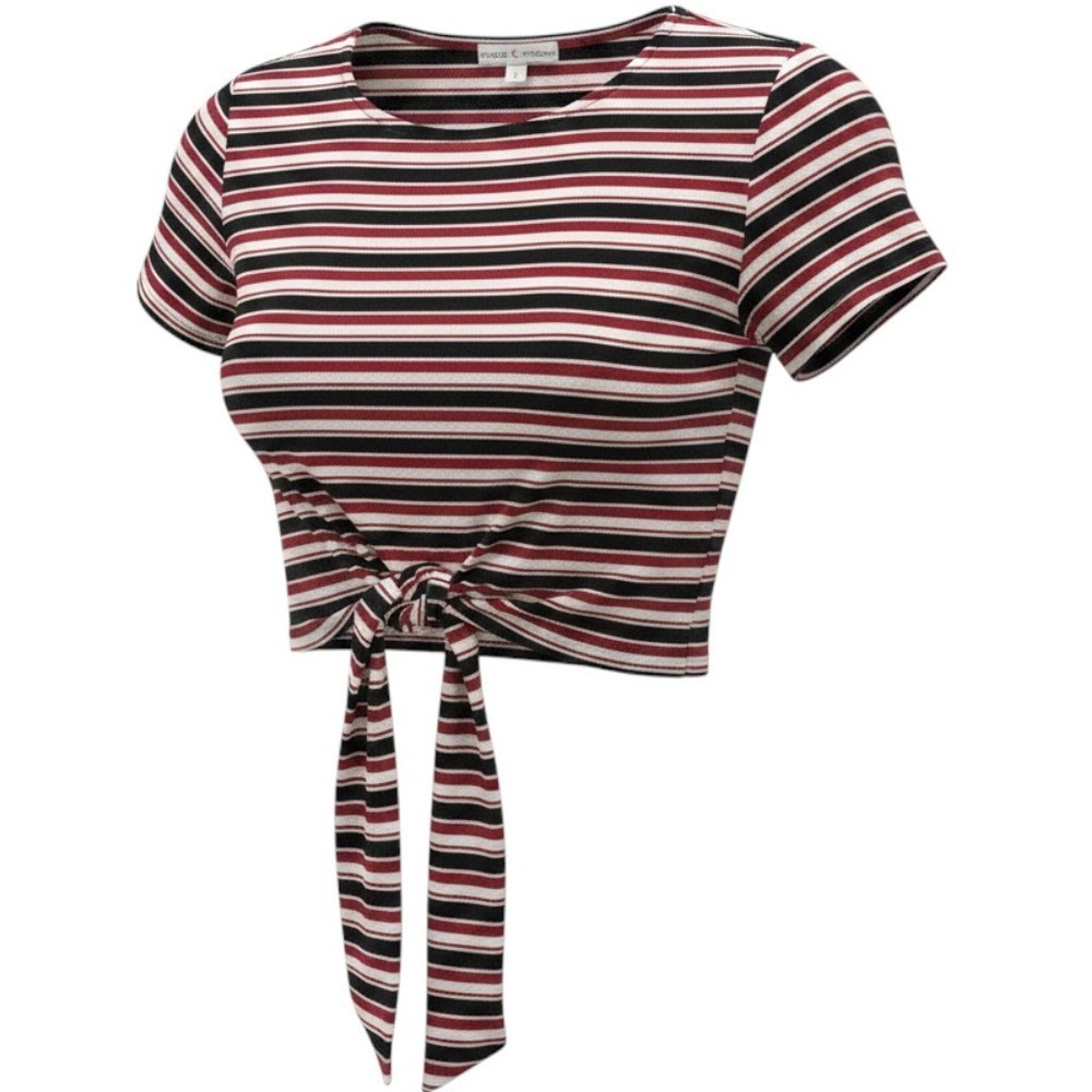 Moa Moa Womens Striped Front Tie Crop Top Navy Red White 90s vintage